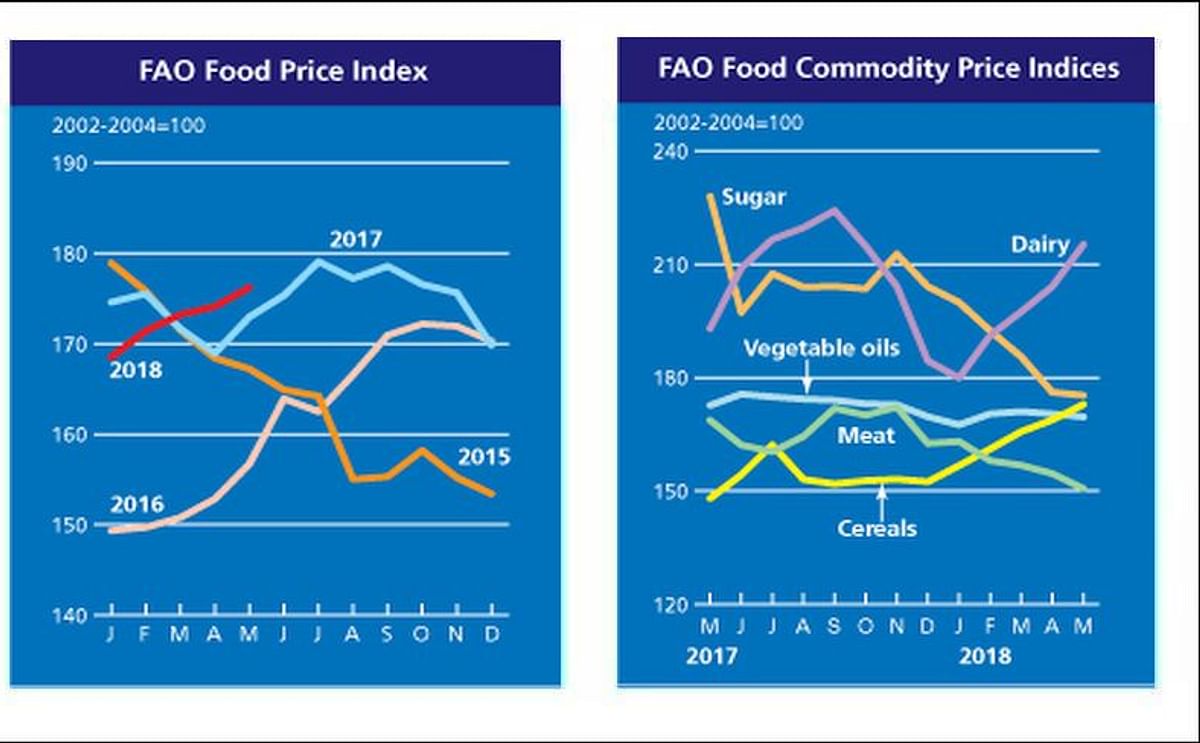 The FAO Food Price Index (FFPI) averaged 176.2 points in May 2018, up 2.2 points (1.2 percent) from April level and hitting its highest level since October 2017
