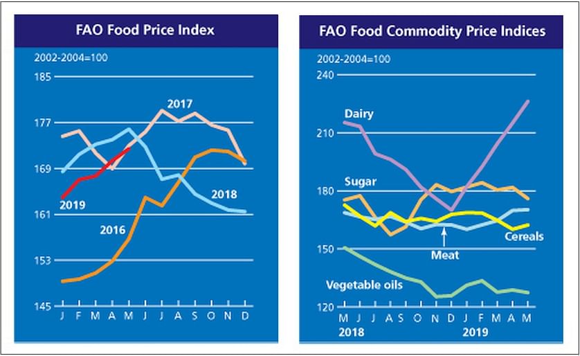 The FAO Food Price Index (FFPI) continued to rise for the fifth consecutive month, averaging 172.4 points in May 2019, up 1.2 percent (2.1 points) from April but still 1.9 percent below its level in the corresponding month last year.