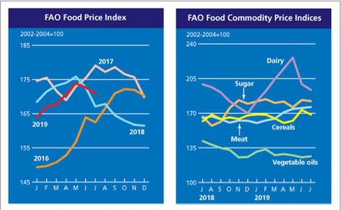 The FAO Food Price Index averaged 170.9 points in July 2019, down 1.1 percent (1.8 points) from June but 2.3 percent higher than in July 2018. The FAO Food Price Index averaged 170.9 points in July 2019, down 1.1 percent (1.8 points) from June but 2.3 percent higher than in July 2018.