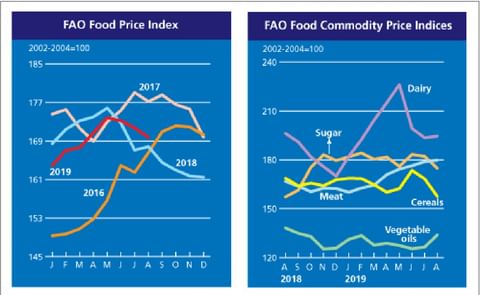The FAO Food Price Index* (FFPI) averaged 169.8 points in August 2019, down 1.1 percent (almost 2.0 points) from July but still 1.1 percent higher than in August 2018. The FAO Food Price Index* (FFPI) averaged 169.8 points in August 2019, down 1.1 percent (almost 2.0 points) from July but still 1.1 percent higher than in August 2018.