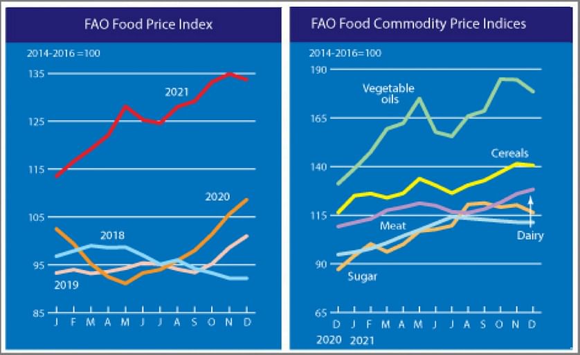 The FAO Food Price Index reaches a 10-year high in 2021, despite a small December decline.