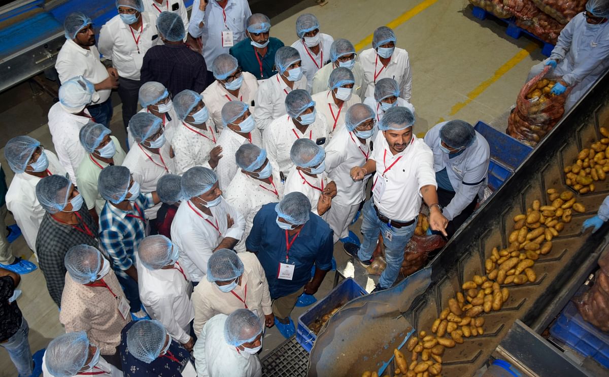 Farmers and stakeholders at Iscon Balaji Foods' Himmatnagar plant, the largest French Fries processing plant in India, participating in a training session as part of the Iscon Balaji Gyan Yatra.