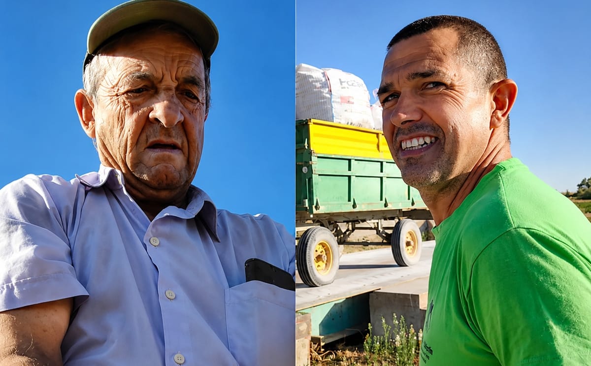 Félix Rogado muestra unas patatas en Cantalpino. En la imagen de la derecha, el agricultor Alberto Celador junto a un tractor con la primera producción que ha sacado