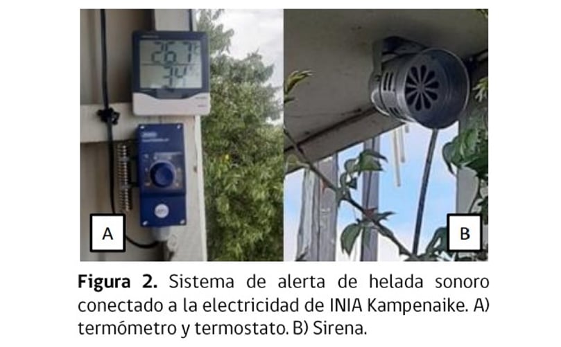 Figura 2. Sistema de alerta de helado Sonoro conectado a la electricidad de INIA Kampenaike. A) Termómetro y Termostato. B) Sirena. Figura 2