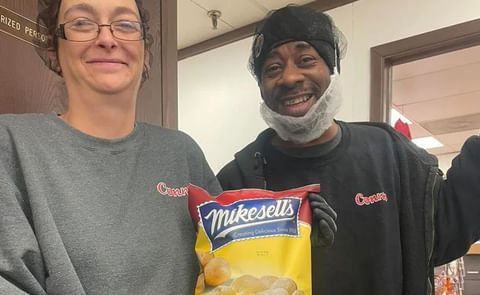 The first bag of Mikesell's potato chips off the line at Conn's Zanesville plant. The first bag of Mikesell's potato chips off the line at Conn's Zanesville plant.