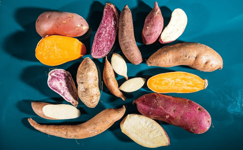 A Spectrum of Sweet Potatoes: Orange, White, and Purple Varieties