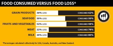 Food consumed vs food loss (consumers + production chain). Percentages calculated collectively for USA, Canada, Australia and New Zealand Food consumed vs food loss (consumers + production chain). Percentages calculated collectively for USA, Canada, Australia and New Zealand