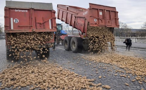 Productores agrícolas franceses lanzaron toneladas de patatas frente al Parlamento en París en rechazo al acuerdo comercial entre la Unión Europea y Mercosur. Productores agrícolas franceses lanzaron toneladas de patatas frente al Parlamento en París en rechazo al acuerdo comercial entre la Unión Europea y Mercosur.