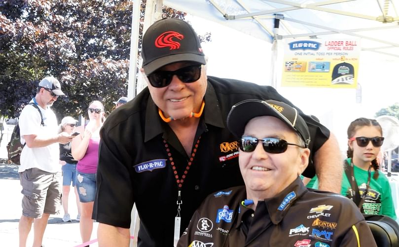 Frank Tiegs, right, with 'The Snake' racer, Don Prudhomme, at the 2023 NHRA Northwest nationals in Seattle.