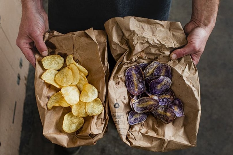 Freshly made potato chips from experimental Cornell varieties undergoing taste and quality evaluations. Freshly made potato chips from experimental Cornell varieties undergoing taste and quality evaluations.