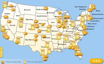 Frito-Lay Production locations in the United States as displayed as part of the
"Chip Tracker" Frito-Lay Production locations in the United States as displayed as part of the
"Chip Tracker"
