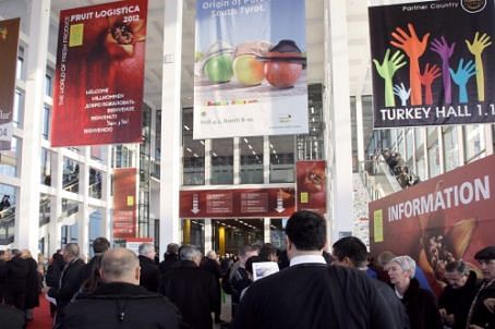 Visitors entering Fruit Logistica 2012. Over 56.000 trade visitors from 130 countries are expected to visit the trade show in Berlin.  