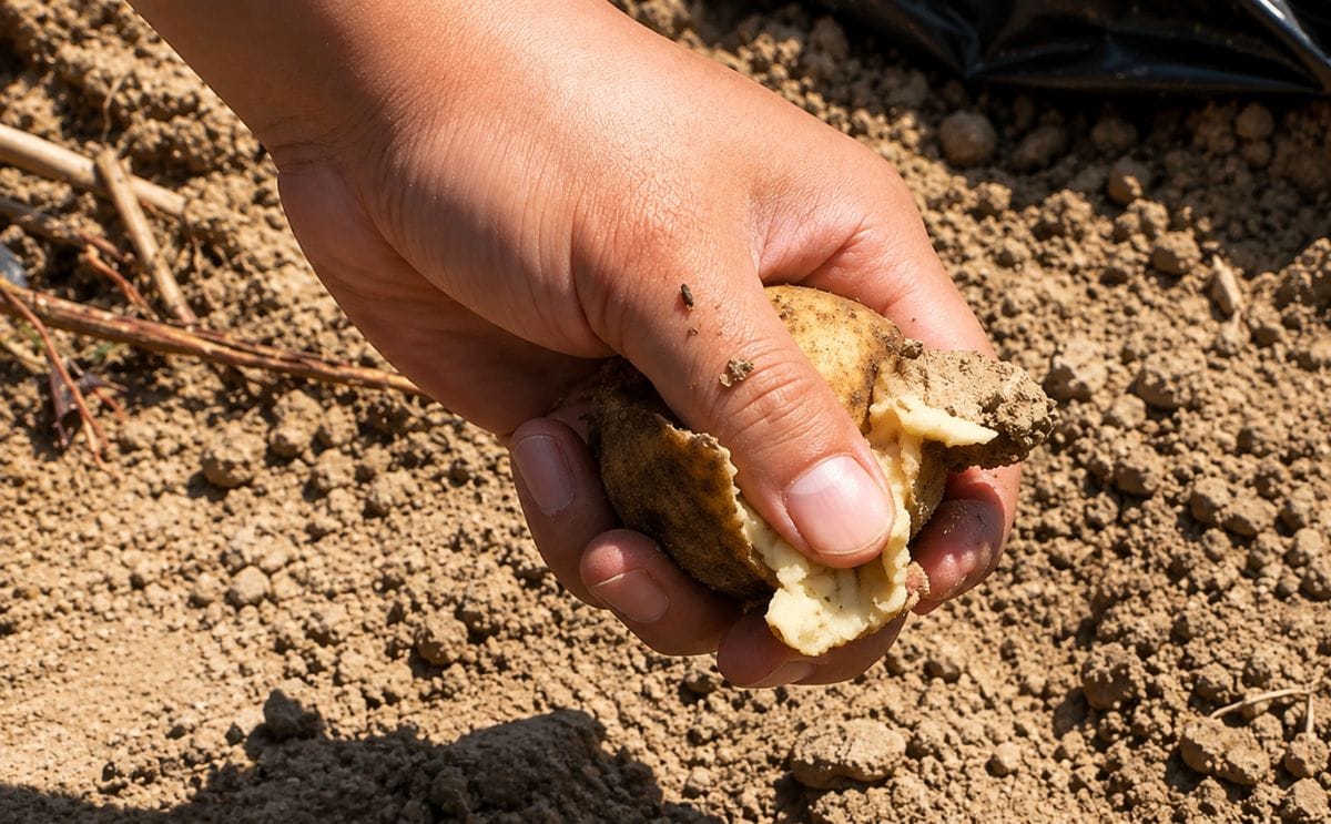 A potato damaged by extreme heat in Gangwon Province, South Korea, where high temperatures have caused potatoes to rot and soften in the soil A potato damaged by extreme heat in Gangwon Province, South Korea, where high temperatures have caused potatoes to rot and soften in the soil