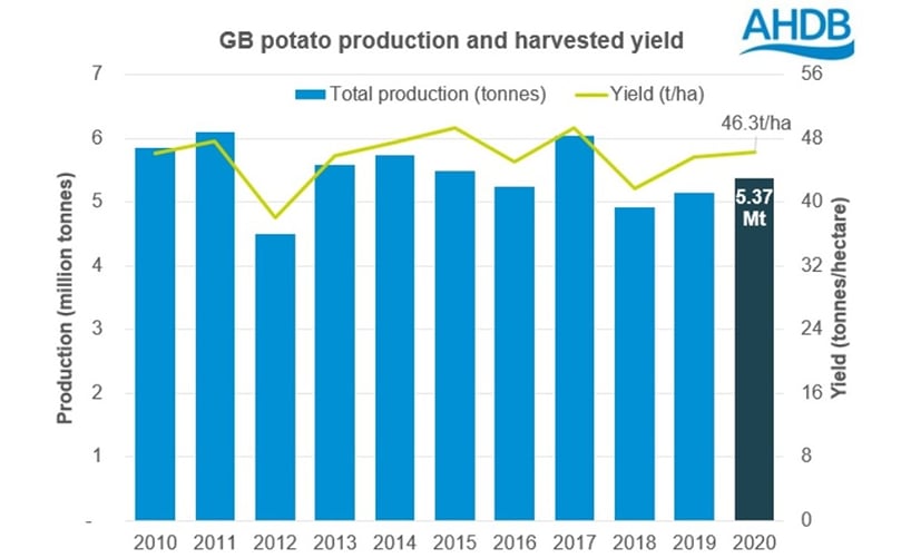 GB potato production and harvested yield. (Courtesy: AHDB) GB potato production and harvested yield. (Courtesy: AHDB)