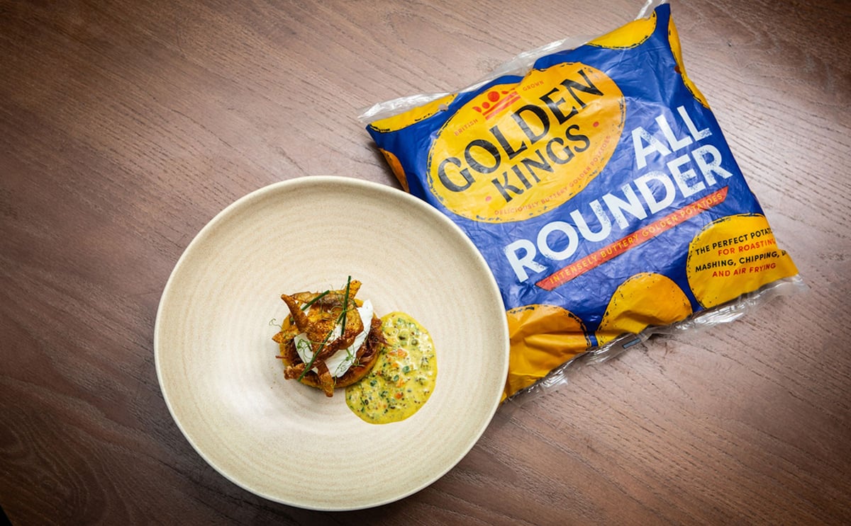 GBC Golden Kings Kerth Gumbs Potato Cake: Potato cake, maple-glazed ham hock, crispy potato skins and mustard dressing, by Kerth Gumbs GBC Golden Kings Kerth Gumbs Potato Cake: Potato cake, maple-glazed ham hock, crispy potato skins and mustard dressing, by Kerth Gumbs