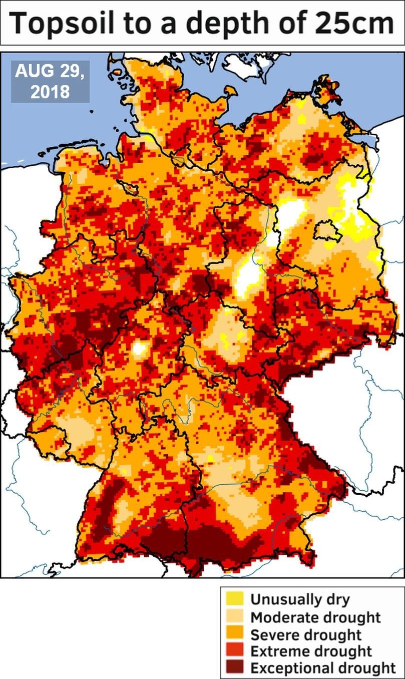 Current status of the topsoil (25cm) in Germany
Courtesy: Drought Monitor Germany, Helmholtz Zentrum für Umweltforschung (UFZ)