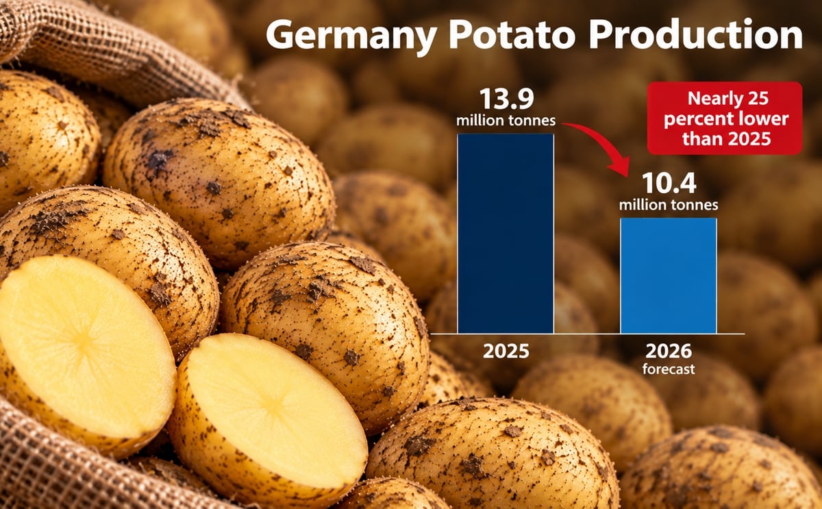 Germany potato production is forecast to decline from 13.9 million tonnes in 2025 to 10.4 million tonnes in 2026, a drop of nearly 25 percent due to adverse weather conditions, lower yields and reduced planting areas. (AI-generated image by PotatoPro)