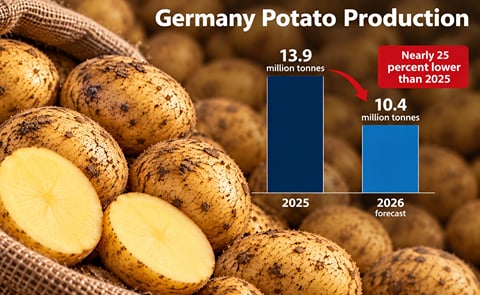 Germany potato production is forecast to decline from 13.9 million tonnes in 2025 to 10.4 million tonnes in 2026, a drop of nearly 25 percent due to adverse weather conditions, lower yields and reduced planting areas. (AI-generated image by PotatoPro) Germany potato production is forecast to decline from 13.9 million tonnes in 2025 to 10.4 million tonnes in 2026, a drop of nearly 25 percent due to adverse weather conditions, lower yields and reduced planting areas. (AI-generated image by PotatoPro)