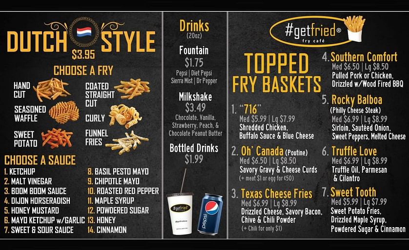 The menu #getfried Fry Cafe is offering contains a wide range of different types of french fries and sauces