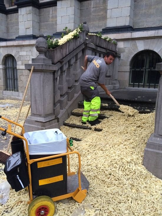 To protest new rules, French Fry vendors in Ghent, unloaded 2 tons of french fries in front of city hall