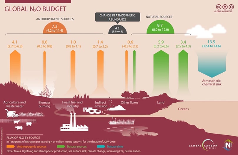 Global nitrous oxide budget 2007-16. Adopted from Tian et al. 2020. Nature. (Courtesy: Global Carbon Project & International Nitrogen Initiative) Global nitrous oxide budget 2007-16. Adopted from Tian et al. 2020. Nature. (Courtesy: Global Carbon Project & International Nitrogen Initiative)