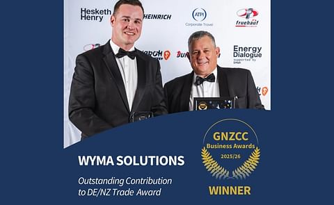 Wyma's Territory Manager Peter proudly accepts the Outstanding Contribution to DE/NZ Trade Award at the GNZCC Business Award Gala in Auckland. Wyma's Territory Manager Peter proudly accepts the Outstanding Contribution to DE/NZ Trade Award at the GNZCC Business Award Gala in Auckland.