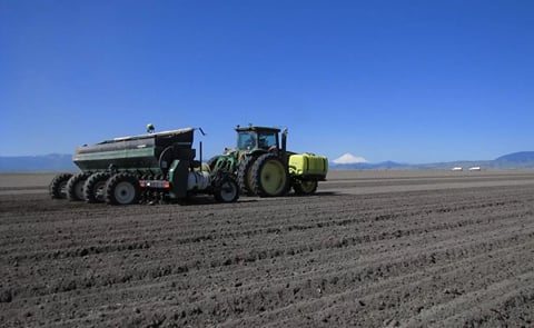 Planting potatoes in Klamath Basin on May 10, 2012. Notice Mt Shasta standing tall and snowy in the background.
(Courtesy: Gold Dust Farms) Planting potatoes in Klamath Basin on May 10, 2012. Notice Mt Shasta standing tall and snowy in the background.
(Courtesy: Gold Dust Farms)