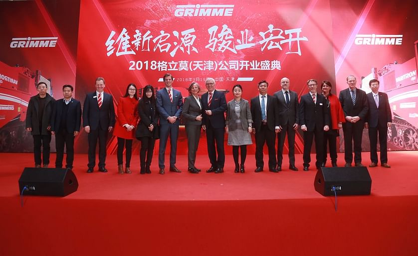 Christoph, Christine and Franz Grimme (Center) and Franz-Bernd Kruthaup (3rd from left) at the inauguration of Grimme's new production facility in Tianjin, China. 