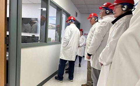 A group of legislators and ag leaders from North Dakota prepares to tour the Canvendish Farms potato processing plant in Jamestown, North Dakota, on Nov. 8, 2024. No photos can be taken on the processing floor. A group of legislators and ag leaders from North Dakota prepares to tour the Canvendish Farms potato processing plant in Jamestown, North Dakota, on Nov. 8, 2024. No photos can be taken on the processing floor.