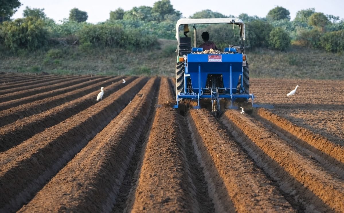 Planting potatoes in Deesa, Gujarat, India