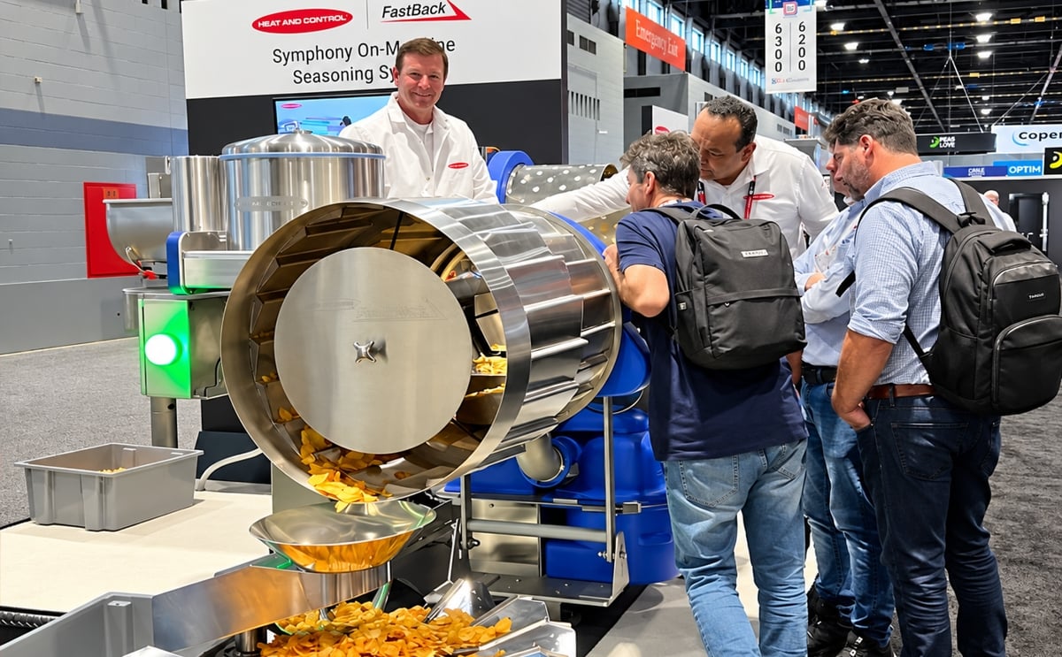 Heat and Control's FastBack Symphony On-Machine Seasoning System provides controlled seasoning application for snack products while minimizing fugitive seasoning dust.