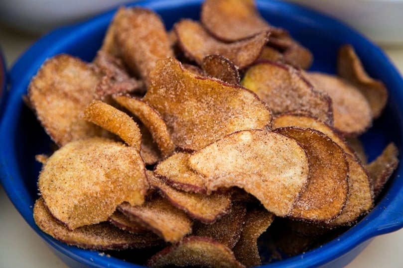 If you are into sweet flavours, there are several options for dips too. They are served with these Cinnamon Sugar Potato Crisps