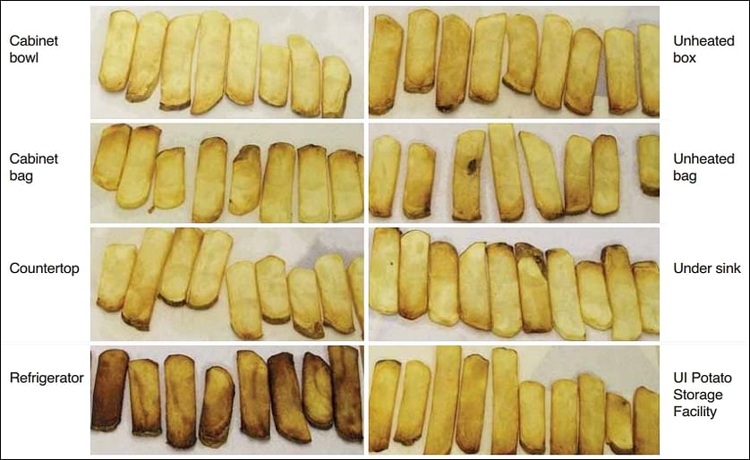 Here is what happens to the fry color of potatoes if you store them for five weeks in different places in your home. Take home message (pun intended): do NOT store them in the refrigerator (Courtesy: University of Idaho Extension)