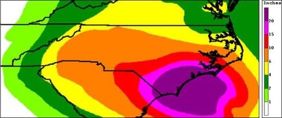 North Carolina Rainfall forecast related to Florence.Graph derived from: Florence Rainfall Forecast - created 4:40 AM EDT - for the period Sept 13-20, 2018 (Courtesy: NHC) North Carolina Rainfall forecast related to Florence.Graph derived from: Florence Rainfall Forecast - created 4:40 AM EDT - for the period Sept 13-20, 2018 (Courtesy: NHC)