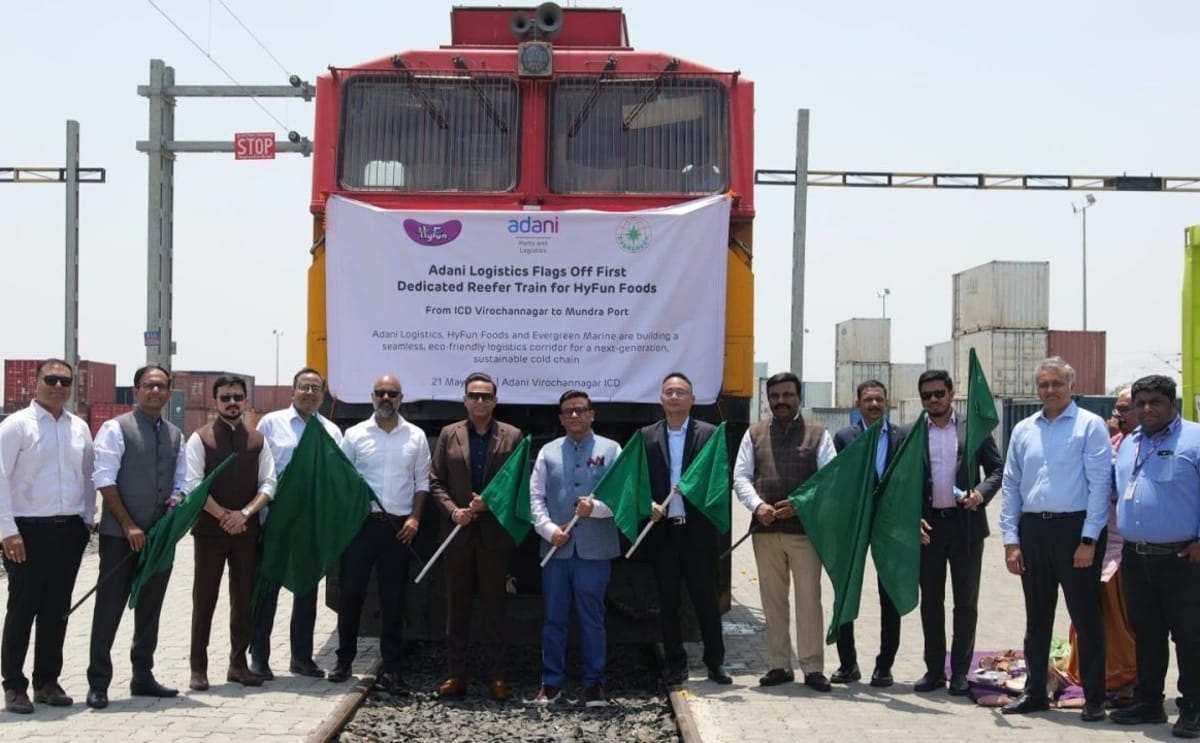 Adani Logistics Ltd flags off India’s first dedicated reefer export train for HyFun Foods in Gujarat.
