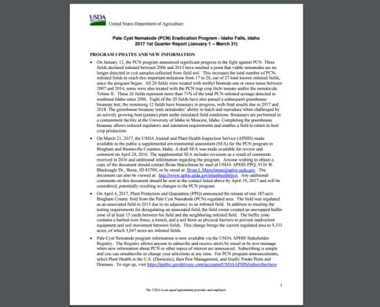 Pale Cyst Nematode (PCN) Eradication ProgramIdaho Falls, Idaho 2017 1st Quarter Report (January 1 – March 31 ) Pale Cyst Nematode (PCN) Eradication ProgramIdaho Falls, Idaho 2017 1st Quarter Report (January 1 – March 31 )