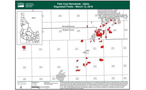 Regulated Fields in Idaho as of March 12, 2018, according to the United States Department of Agriculture Regulated Fields in Idaho as of March 12, 2018, according to the United States Department of Agriculture