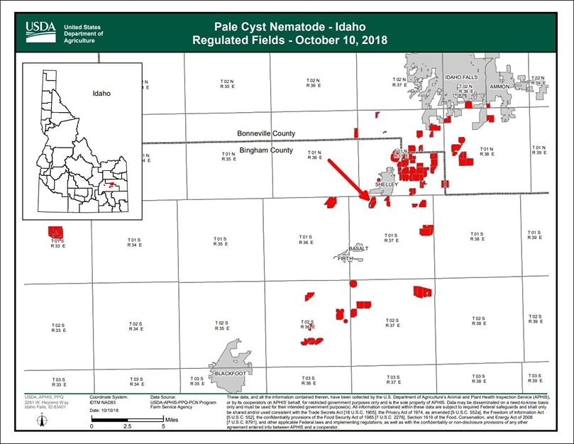 Pale Cyst Nematode Regulated Fields in Idaho. A red arrow indicates the newly regulated field. Pale Cyst Nematode Regulated Fields in Idaho. A red arrow indicates the newly regulated field.