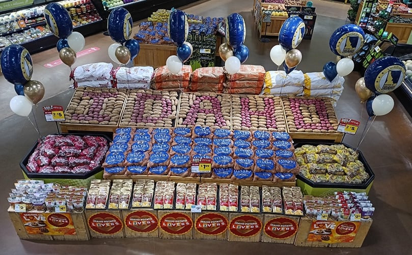 In Providence, Utah, produce manager Grant Naylor’s 1st place display in the 6-9 register category literally spelled out the spuds’ Idaho roots. In Providence, Utah, produce manager Grant Naylor’s 1st place display in the 6-9 register category literally spelled out the spuds’ Idaho roots.