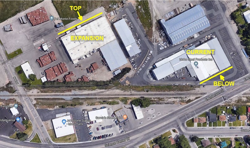 Aerial view of the current premises of Idaho Steel and the neighboring property just acquired from Del Monte seed operations (Courtesy: Google Maps) Aerial view of the current premises of Idaho Steel and the neighboring property just acquired from Del Monte seed operations (Courtesy: Google Maps)