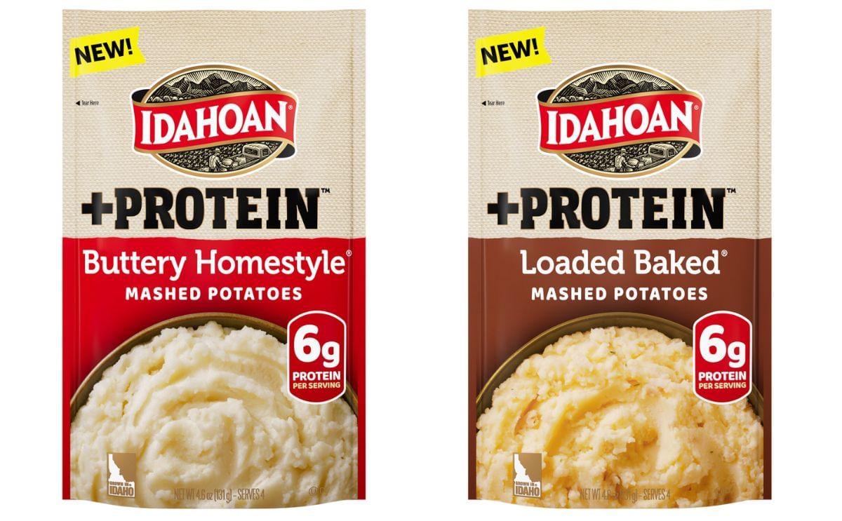 Idahoan® Loaded Baked +PROTEIN™ Mashed Potatoes and Idahoan® Buttery Homestyle® +PROTEIN™ Mashed Potatoes deliver flavor with protein in every bite Idahoan® Loaded Baked +PROTEIN™ Mashed Potatoes and Idahoan® Buttery Homestyle® +PROTEIN™ Mashed Potatoes deliver flavor with protein in every bite