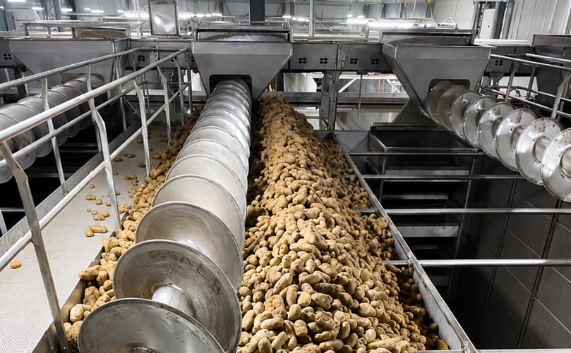 Potatoes move through the even-flow bin system at Idahoan Foods' Idaho Falls processing facility