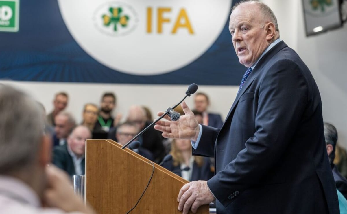 IFA President Francie Gorman addresses delegates during the 71st Annual General Meeting of the Irish Farmers’ Association at the Irish Farm Centre in Dublin, outlining key priorities including Mercosur, CAP funding and rising farm costs.