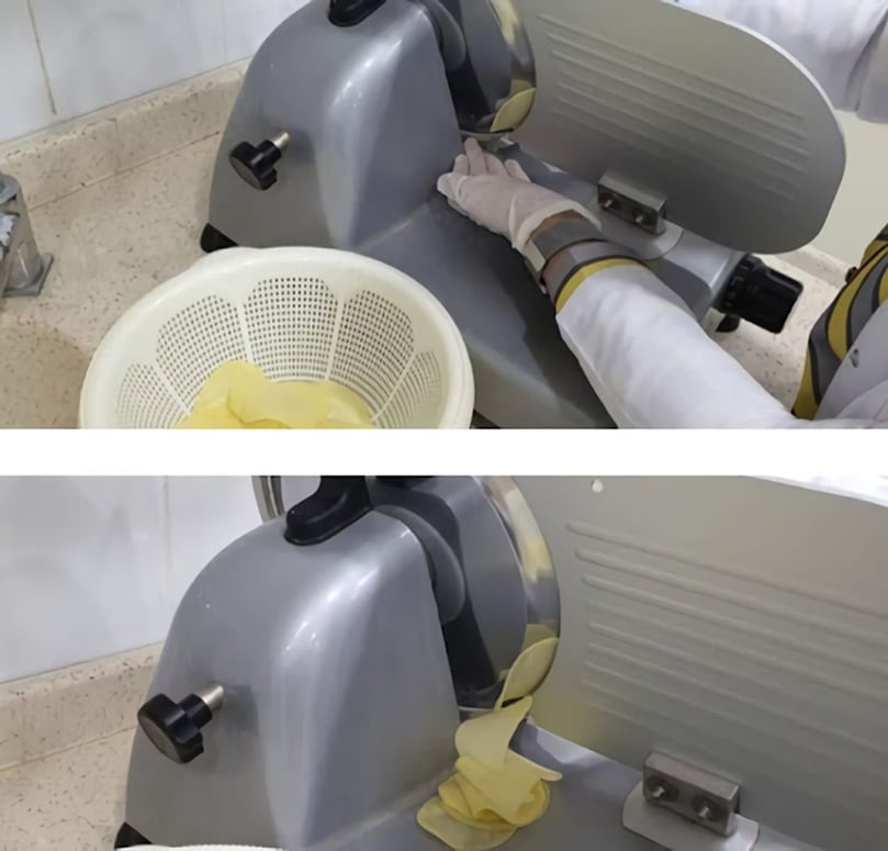 Slicing the potato into paper-thin slices of 1.2 - 1.5mm thickness. a revolving Impaler press for slicing and are cut into paper-thin slices of 1.2 - 1.5mm thickness.