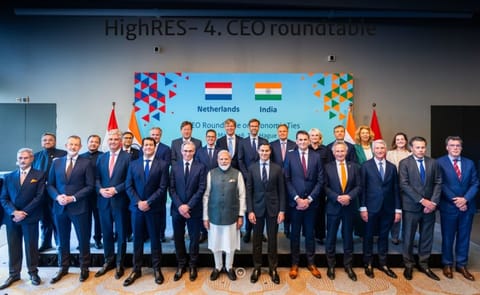 Prime Minister Narendra Modi with Dutch CEOs during the India–Netherlands CEO Round Table in The Hague, strengthening cooperation in technology, agriculture, energy, and innovation. Prime Minister Narendra Modi with Dutch CEOs during the India–Netherlands CEO Round Table in The Hague, strengthening cooperation in technology, agriculture, energy, and innovation.