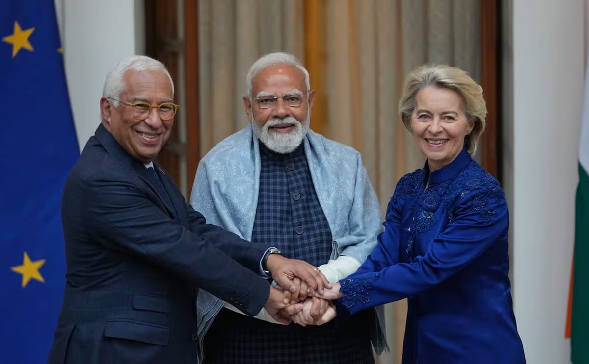 From left, European Council President Antonio Costa, Indian Prime Minister Narendra Modi and European Commission President Ursula von der Leyen meet in New Delhi on Tuesday. India and the EU announced a wide-ranging trade deal Tuesday. (Courtesy: Manish S From left, European Council President Antonio Costa, Indian Prime Minister Narendra Modi and European Commission President Ursula von der Leyen meet in New Delhi on Tuesday. India and the EU announced a wide-ranging trade deal Tuesday. (Courtesy: Manish S