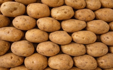 Neatly stacked potatoes in a market in Jodhpur, Rajasthan, India Neatly stacked potatoes in a market in Jodhpur, Rajasthan, India