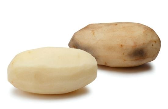 Comparison of peeled Innate™ Russet Burbank (foreground) to conventional peeled Russet Burbank after 30 minutes. Comparison of peeled Innate™ Russet Burbank (foreground) to conventional peeled Russet Burbank after 30 minutes.
