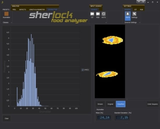 Analysis as presented by the Sherlock Food Analyser: The (potato) dry matter is displayed as an average value and its distribution as standard deviation. This is represented graphically in a histogram and displayed in comparison to previous batches. Individual potatoes can be displayed in a false colour matrix in the dry matter distribution. Analysis as presented by the Sherlock Food Analyser: The (potato) dry matter is displayed as an average value and its distribution as standard deviation. This is represented graphically in a histogram and displayed in comparison to previous batches. Individual potatoes can be displayed in a false colour matrix in the dry matter distribution.