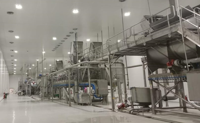 Interior view of HyFun Foods’ potato flake processing line, showcasing advanced stainless-steel equipment designed for high-capacity, automated production.